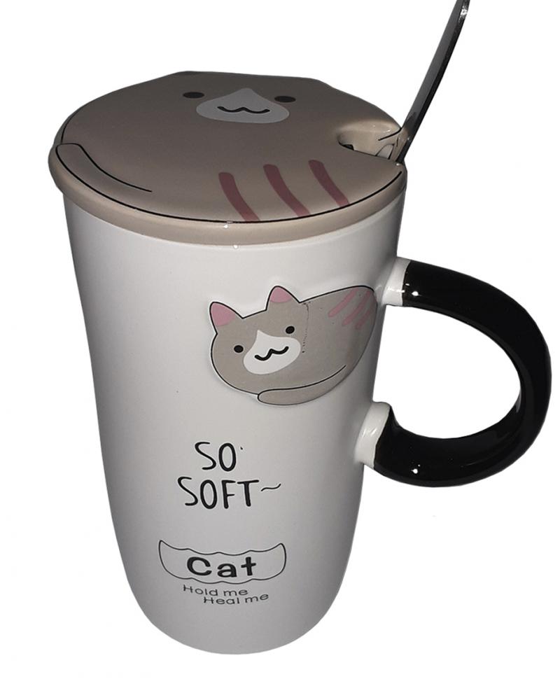 Кружка c крышкой и ложкой Great Coffee Домашний кот в ассортименте 420 мл  (53526)