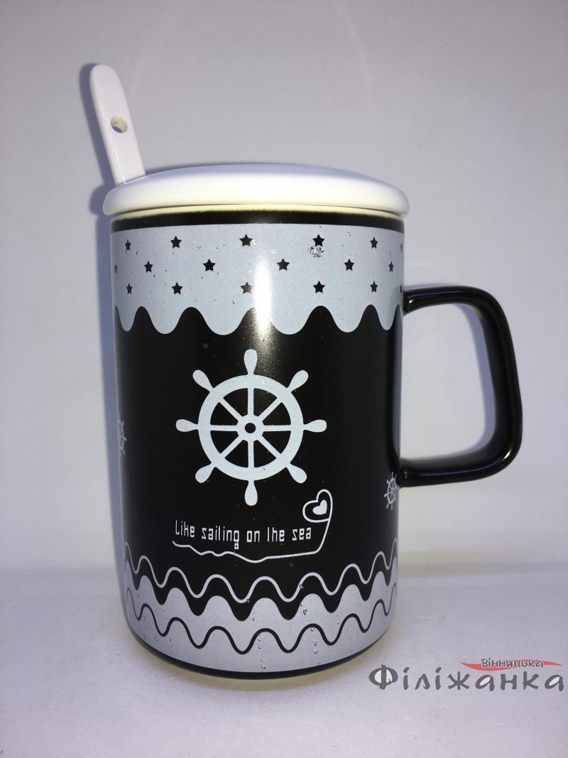 Кружка c крышкой и ложкой Great Coffee  Морской волк 350 мл  (1864)