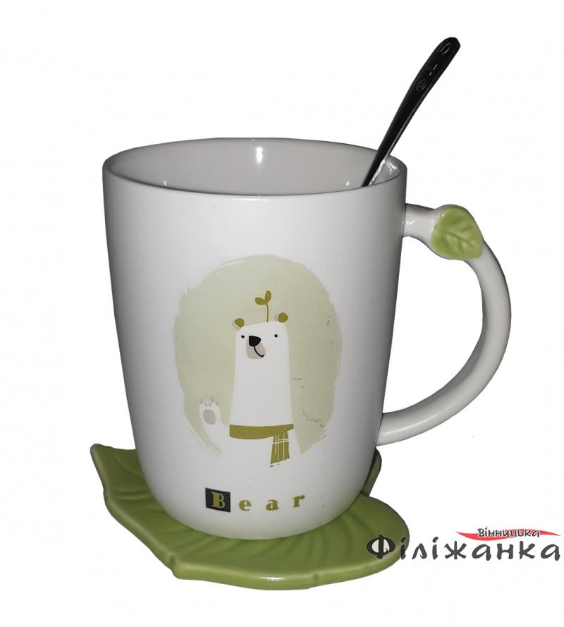 Кружка з кришкою і ложкою Great Coffee  Зелений листок 400 мл  (54441)