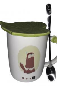 Кружка c крышкой и ложкой Great Coffee Зеленый листок 400 мл  (52995)