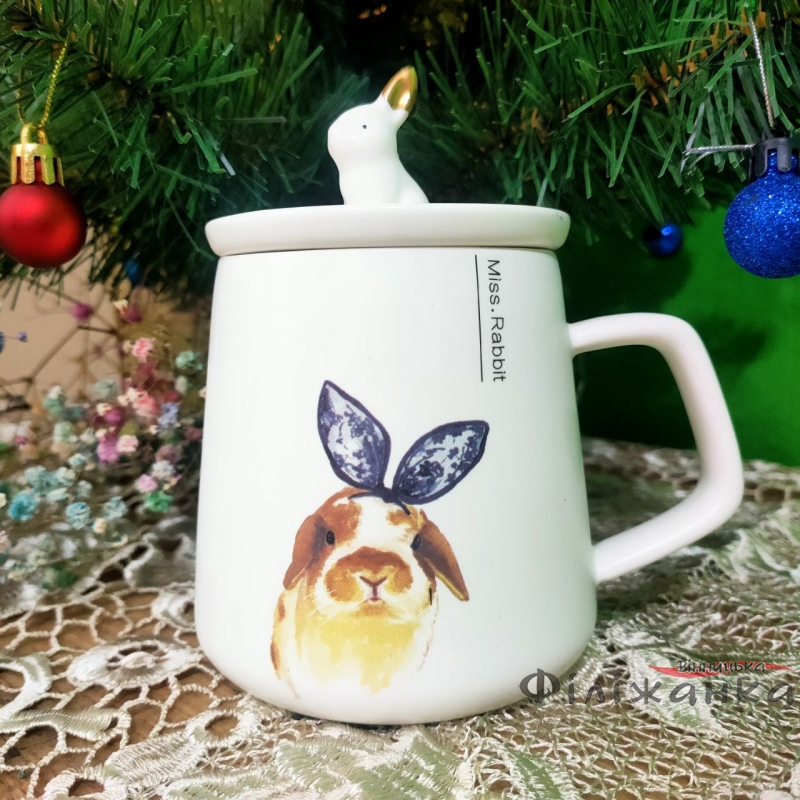 Чашка з кришкою Кролик Rabbit з бантиком 360 мл (56222)
